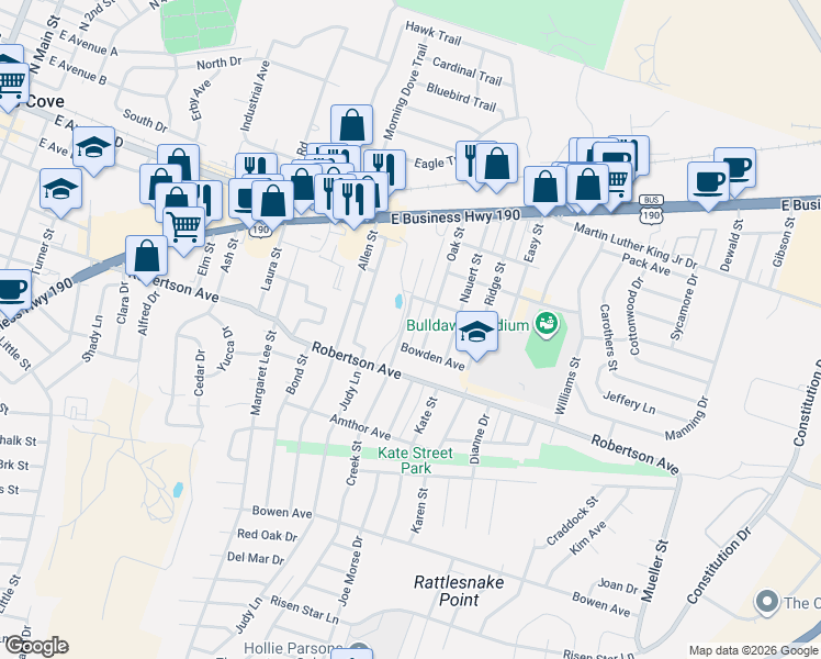 map of restaurants, bars, coffee shops, grocery stores, and more near 414 Oak Street in Copperas Cove