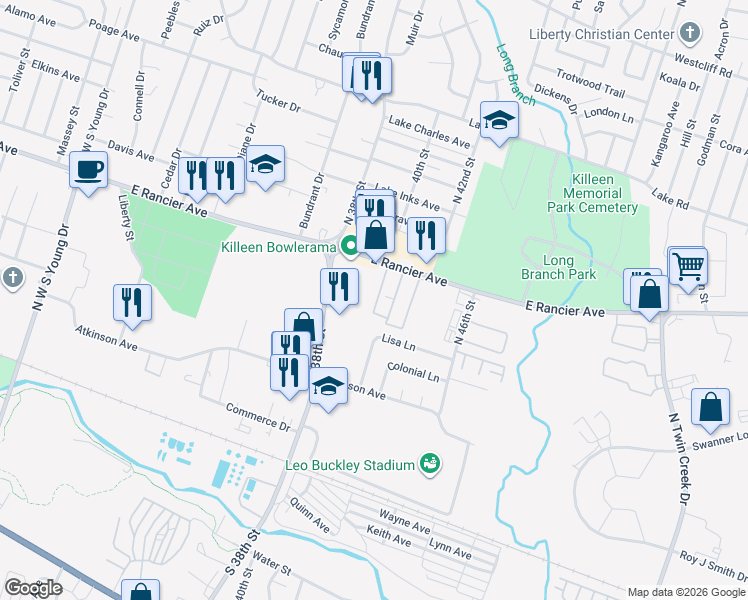 map of restaurants, bars, coffee shops, grocery stores, and more near 3300 East Rancier Avenue in Killeen