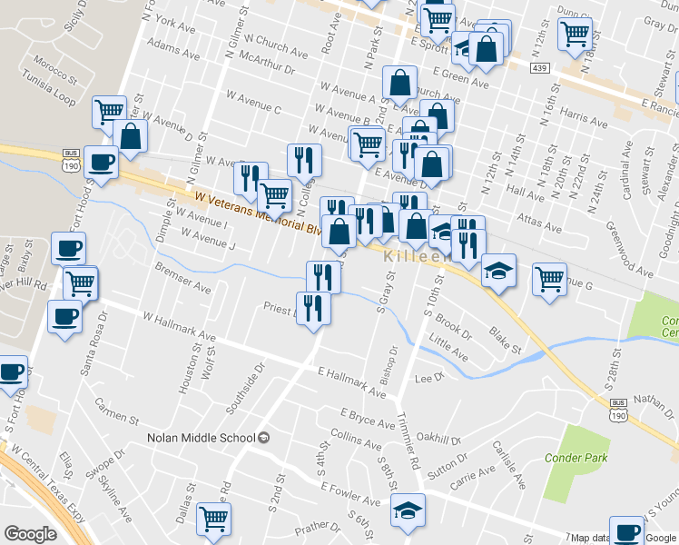 map of restaurants, bars, coffee shops, grocery stores, and more near 308 S 2nd St in Killeen