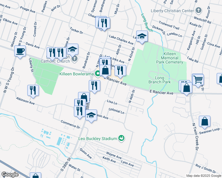 map of restaurants, bars, coffee shops, grocery stores, and more near 3300 East Rancier Avenue in Killeen