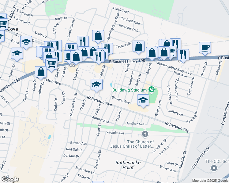 map of restaurants, bars, coffee shops, grocery stores, and more near 414 Oak Street in Copperas Cove