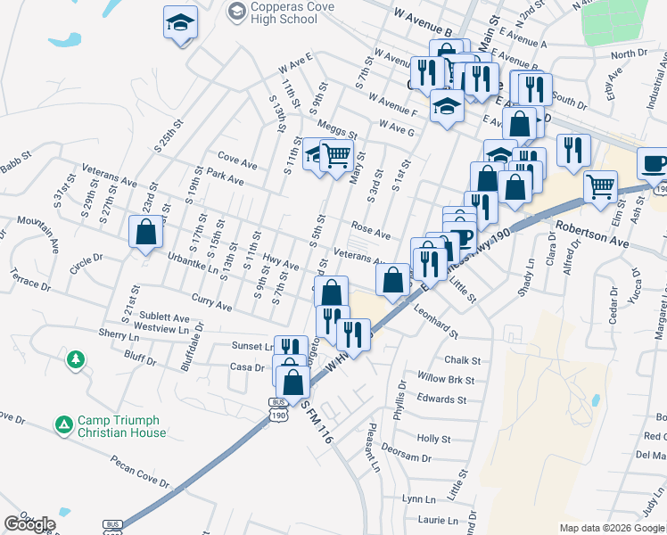 map of restaurants, bars, coffee shops, grocery stores, and more near 1101 South 3rd Street in Copperas Cove