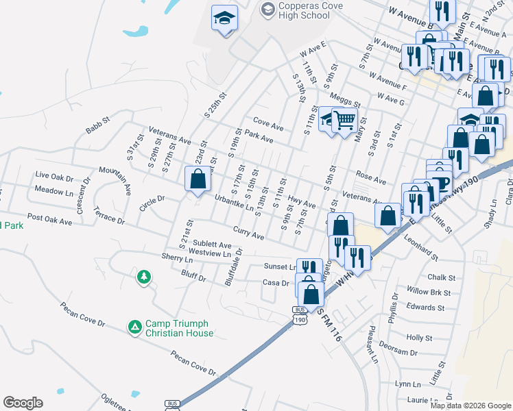 map of restaurants, bars, coffee shops, grocery stores, and more near 1201 South 13th Street in Copperas Cove