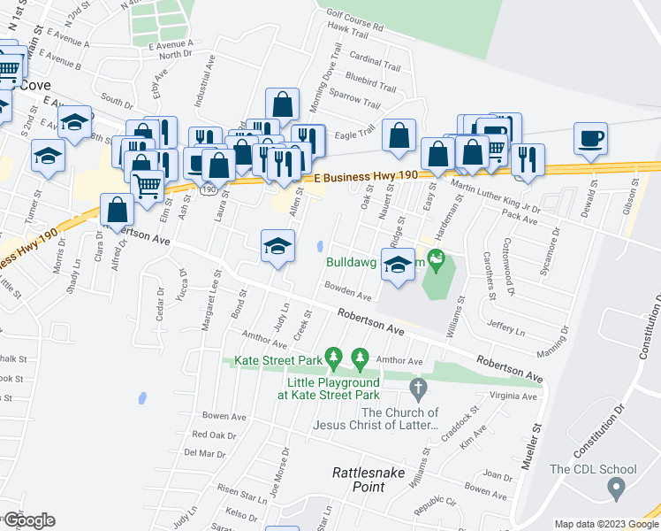 map of restaurants, bars, coffee shops, grocery stores, and more near 409 Creek Street in Copperas Cove