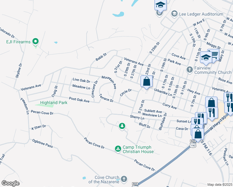 map of restaurants, bars, coffee shops, grocery stores, and more near 2119 Circle Drive in Copperas Cove