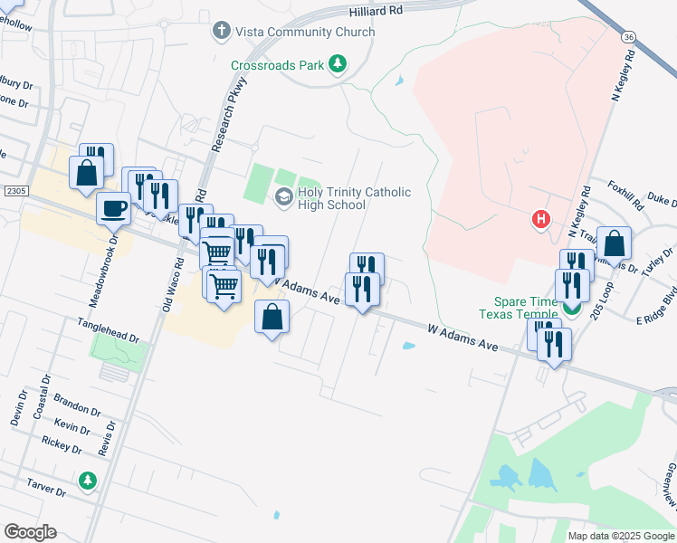 map of restaurants, bars, coffee shops, grocery stores, and more near 105 Kasberg Drive in Temple