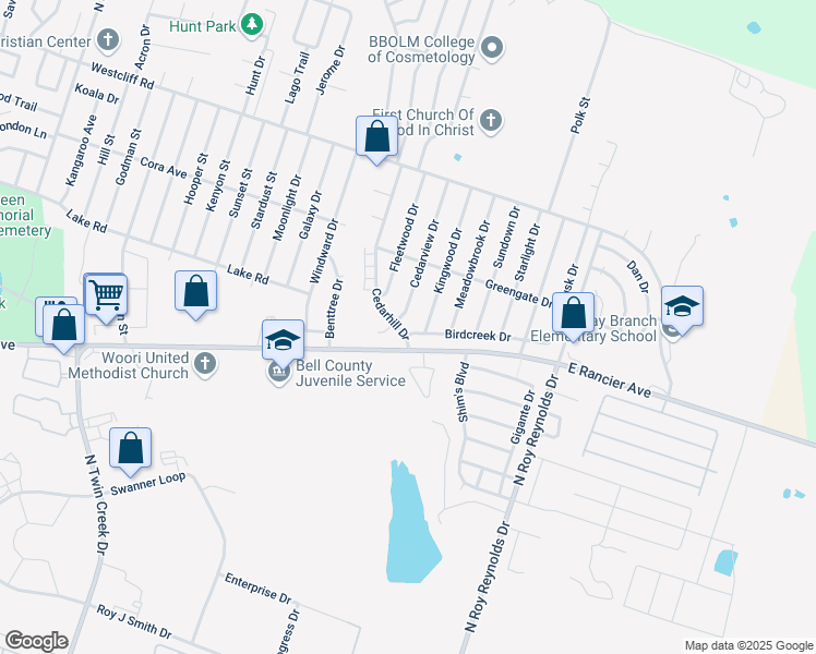map of restaurants, bars, coffee shops, grocery stores, and more near 5102 Birdcreek Drive in Killeen
