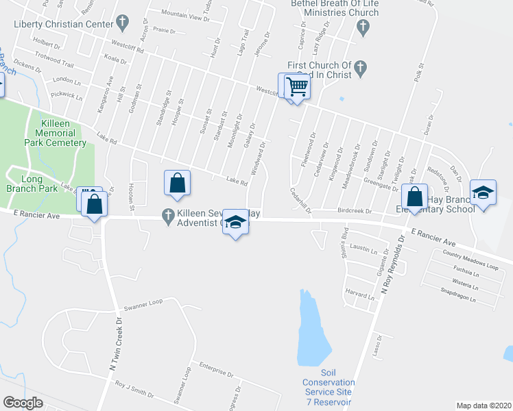 map of restaurants, bars, coffee shops, grocery stores, and more near 1407 Windward Drive in Killeen