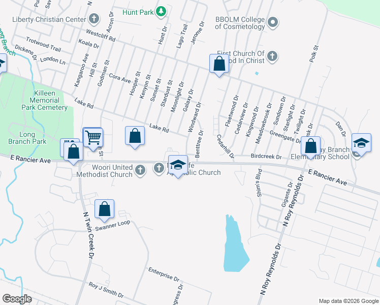 map of restaurants, bars, coffee shops, grocery stores, and more near 1407 Windward Drive in Killeen