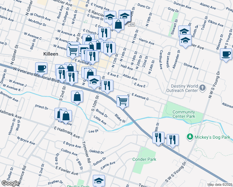 map of restaurants, bars, coffee shops, grocery stores, and more near 817 East Veterans Memorial Boulevard in Killeen