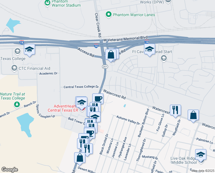 map of restaurants, bars, coffee shops, grocery stores, and more near 2002 Watercrest Rd in Killeen