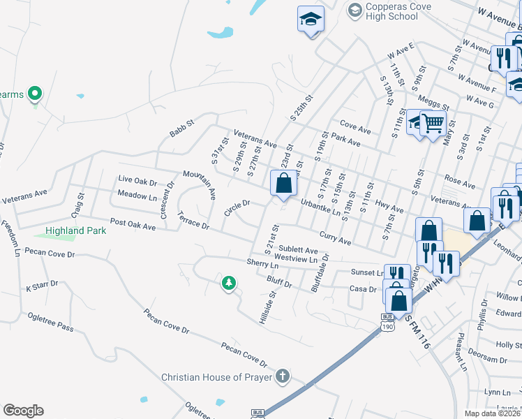 map of restaurants, bars, coffee shops, grocery stores, and more near 2104 Brantley Avenue in Copperas Cove
