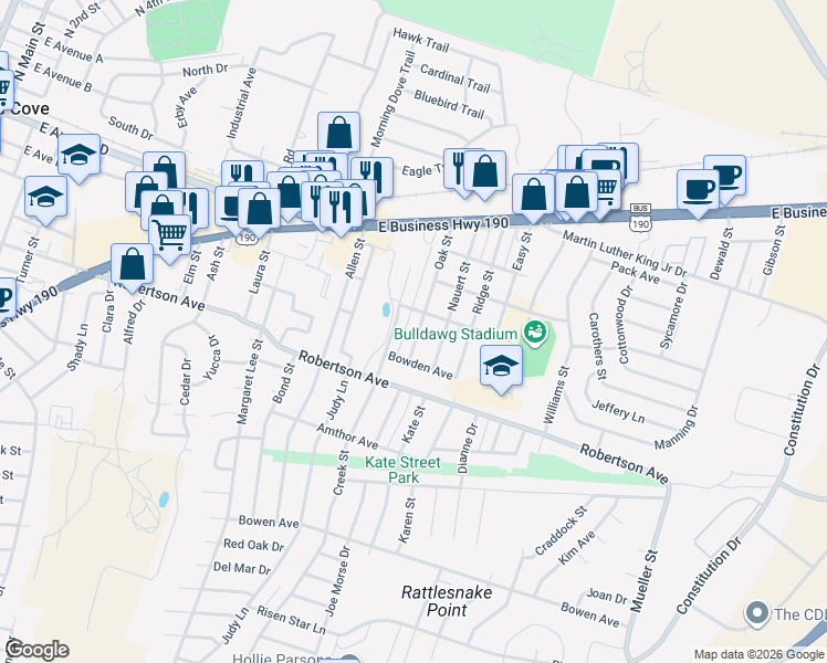 map of restaurants, bars, coffee shops, grocery stores, and more near 414 Oak Street in Copperas Cove