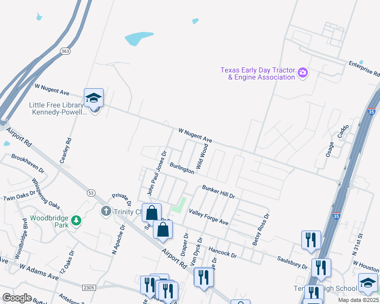 map of restaurants, bars, coffee shops, grocery stores, and more near 1124 Westbury in Temple
