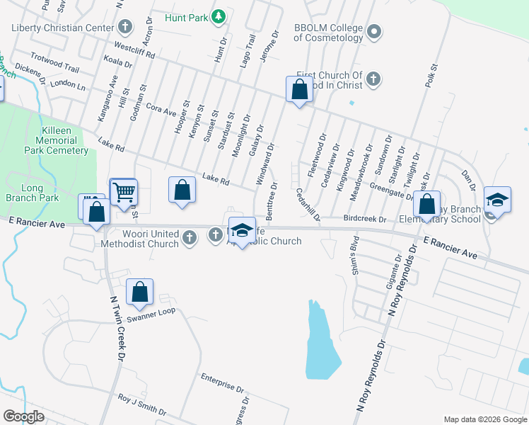 map of restaurants, bars, coffee shops, grocery stores, and more near 1407 Windward Drive in Killeen