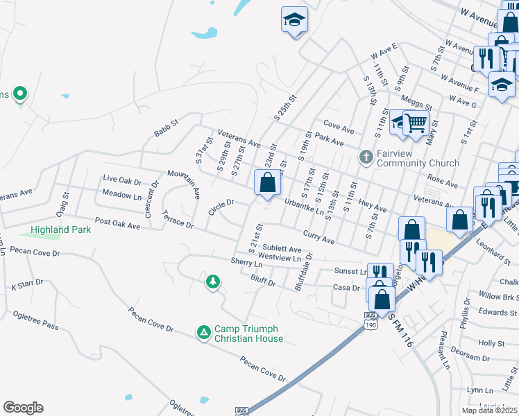 map of restaurants, bars, coffee shops, grocery stores, and more near 1201 South 23rd Street in Copperas Cove
