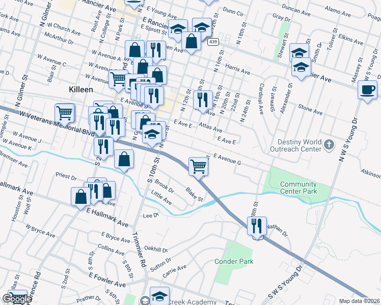 map of restaurants, bars, coffee shops, grocery stores, and more near 817 East Veterans Memorial Boulevard in Killeen