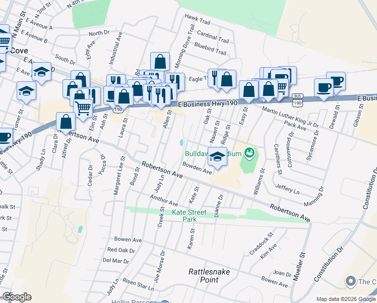 map of restaurants, bars, coffee shops, grocery stores, and more near 407 Creek Street in Copperas Cove