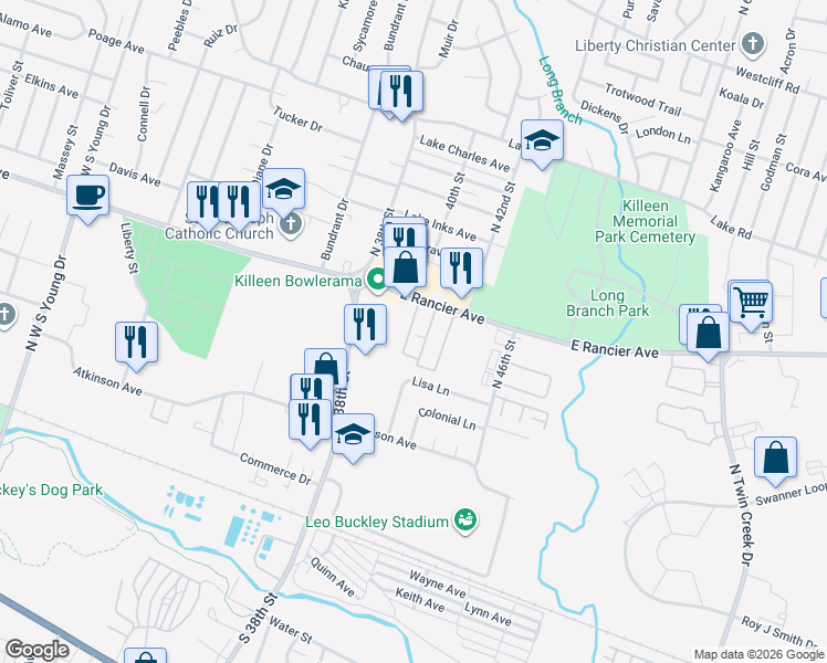 map of restaurants, bars, coffee shops, grocery stores, and more near 3300 East Rancier Avenue in Killeen