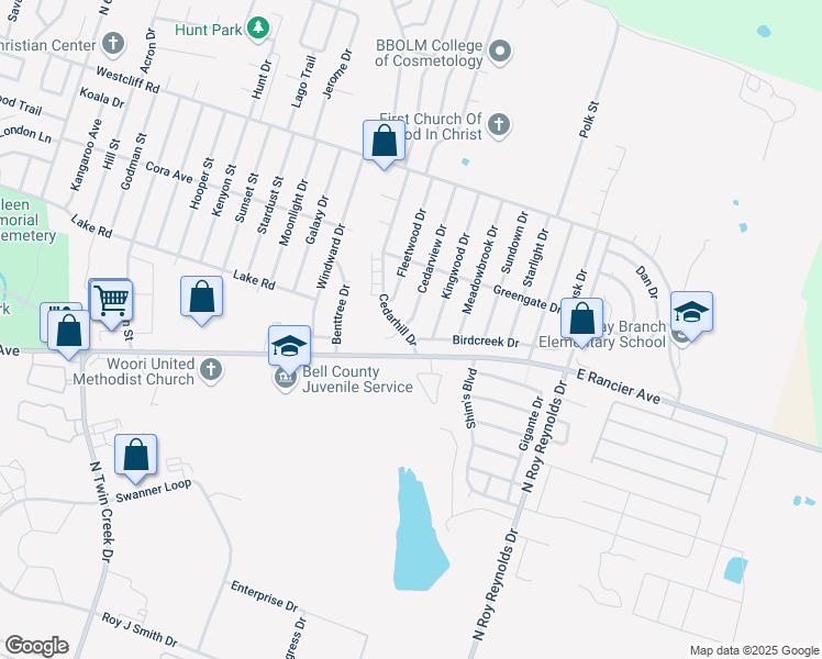 map of restaurants, bars, coffee shops, grocery stores, and more near 5102 Birdcreek Drive in Killeen