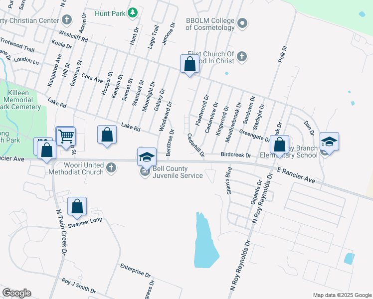 map of restaurants, bars, coffee shops, grocery stores, and more near 1700 Cedarview Circle in Killeen
