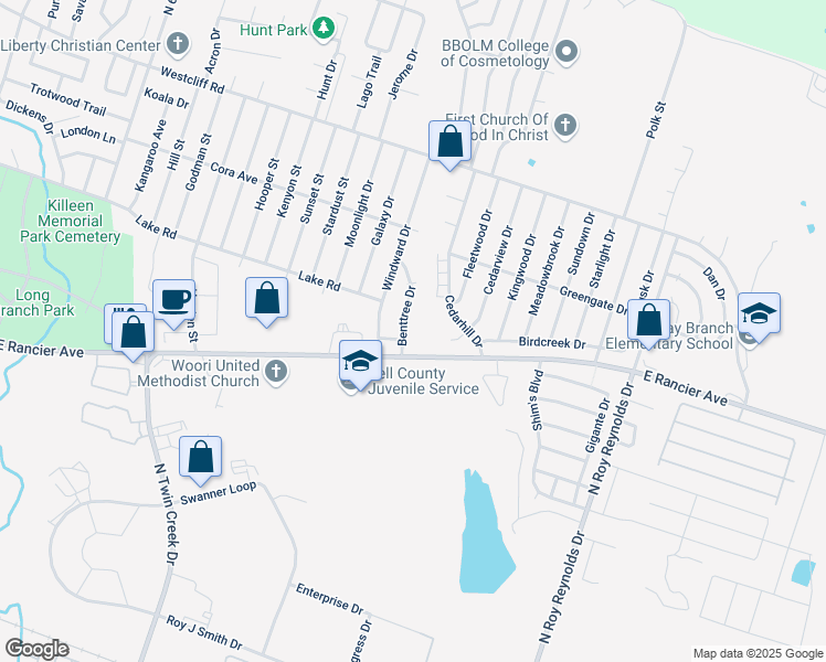 map of restaurants, bars, coffee shops, grocery stores, and more near 1502 Benttree Drive in Killeen