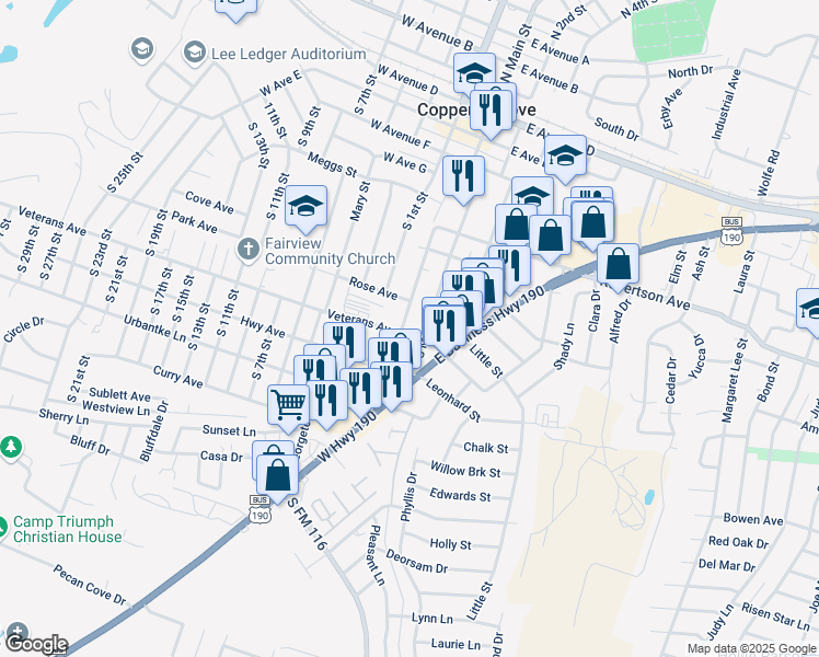 map of restaurants, bars, coffee shops, grocery stores, and more near 101 East U.S. 190 in Copperas Cove
