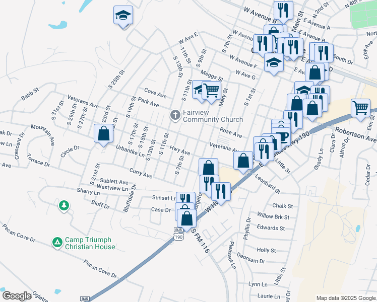 map of restaurants, bars, coffee shops, grocery stores, and more near 1105 South 7th Street in Copperas Cove