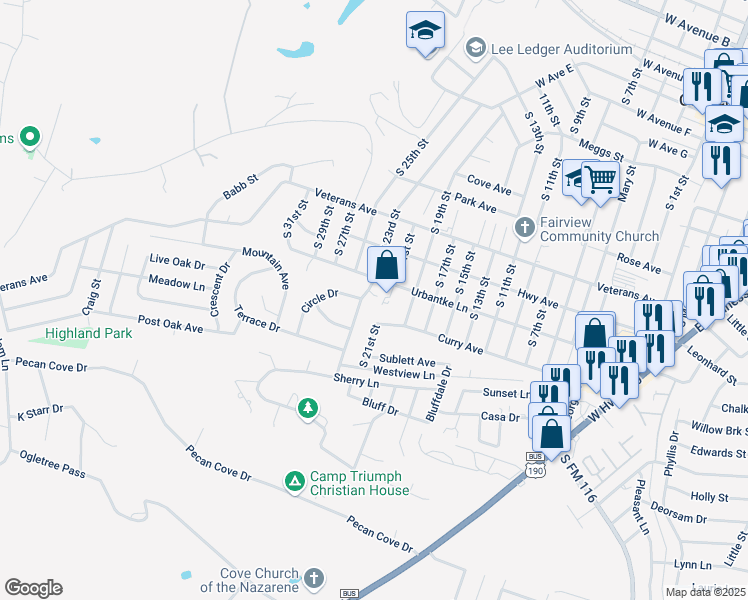 map of restaurants, bars, coffee shops, grocery stores, and more near 1210 Curry Avenue in Copperas Cove