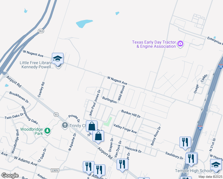 map of restaurants, bars, coffee shops, grocery stores, and more near 1123 Madison in Temple