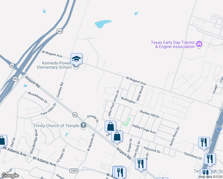 map of restaurants, bars, coffee shops, grocery stores, and more near 908 John Paul Jones Dr in Temple
