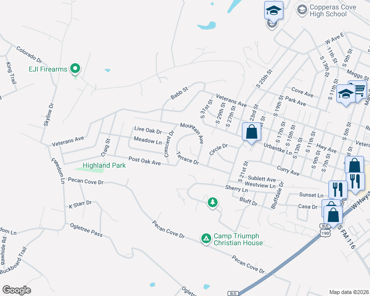 map of restaurants, bars, coffee shops, grocery stores, and more near 2320 Terrace Drive in Copperas Cove