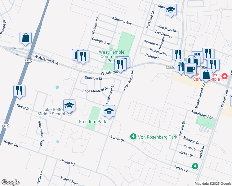 map of restaurants, bars, coffee shops, grocery stores, and more near 8217 Sage Meadow Drive in Temple