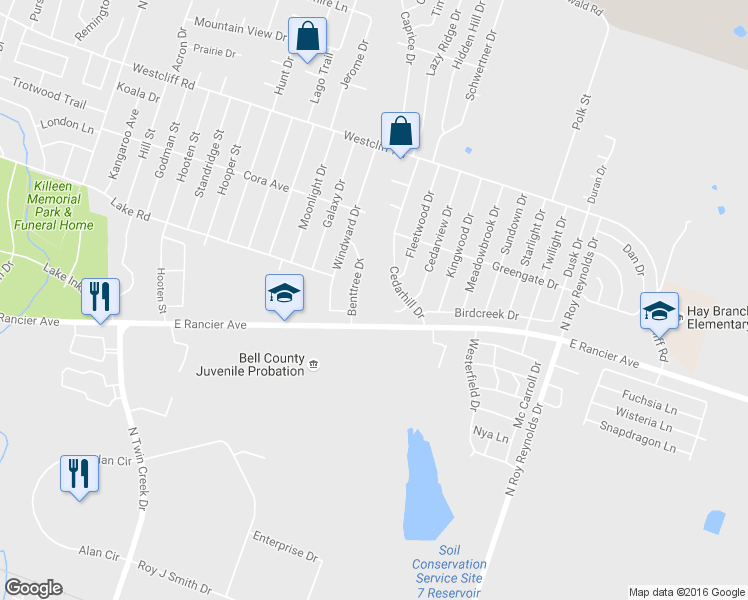 map of restaurants, bars, coffee shops, grocery stores, and more near 1702 Benttree Drive in Killeen