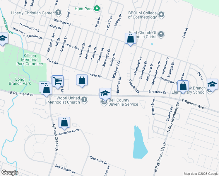 map of restaurants, bars, coffee shops, grocery stores, and more near 4818 Lake Road in Killeen