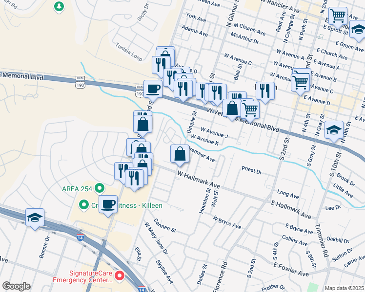 map of restaurants, bars, coffee shops, grocery stores, and more near 718 West Avenue K in Killeen