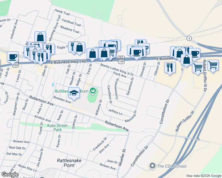 map of restaurants, bars, coffee shops, grocery stores, and more near 301 Carothers Street in Copperas Cove