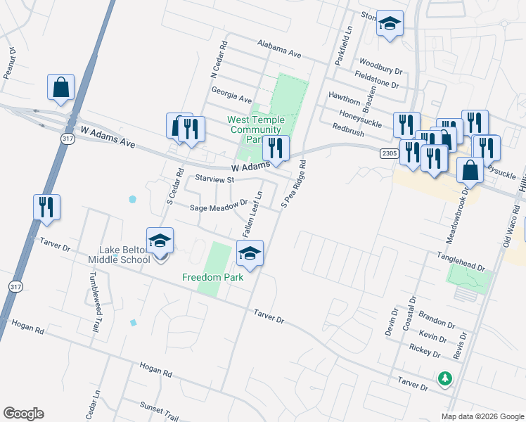 map of restaurants, bars, coffee shops, grocery stores, and more near 330 Fallen Leaf Lane in Temple
