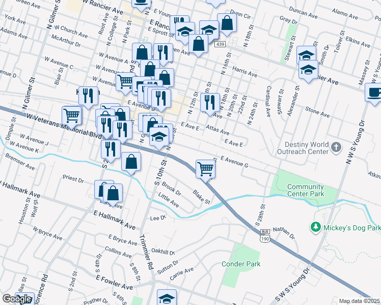map of restaurants, bars, coffee shops, grocery stores, and more near in Killeen