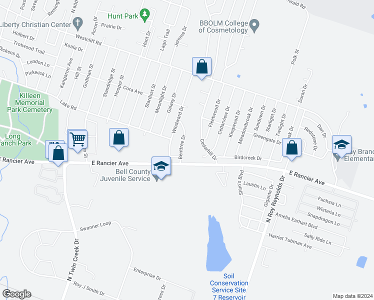 map of restaurants, bars, coffee shops, grocery stores, and more near 1702 Benttree Drive in Killeen