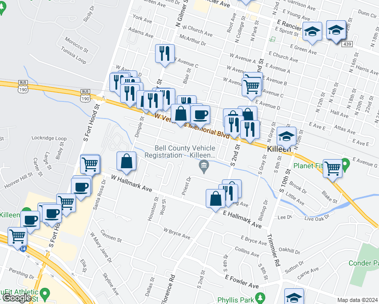 map of restaurants, bars, coffee shops, grocery stores, and more near 208 Wolf Street in Killeen