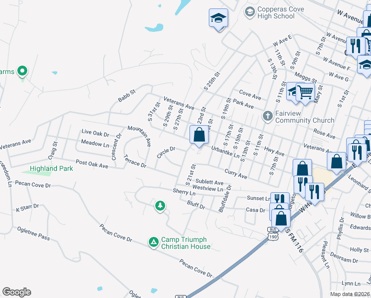 map of restaurants, bars, coffee shops, grocery stores, and more near 1201 South 23rd Street in Copperas Cove