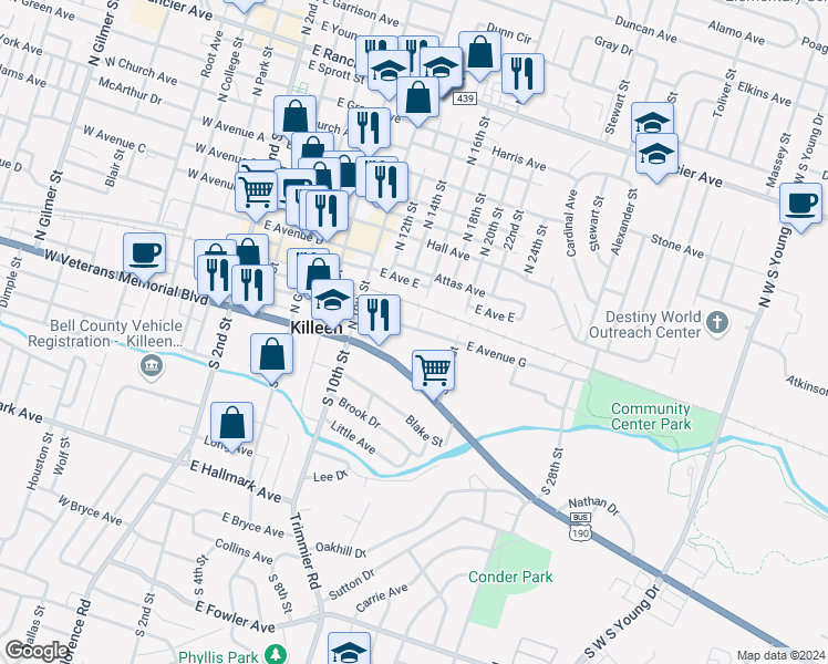 map of restaurants, bars, coffee shops, grocery stores, and more near 710 East Avenue G in Killeen