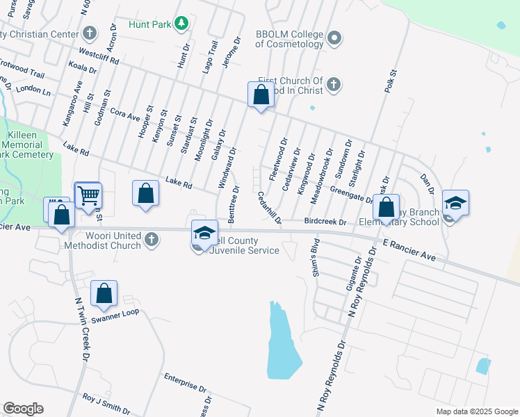 map of restaurants, bars, coffee shops, grocery stores, and more near 1706 Cedarhill Drive in Killeen