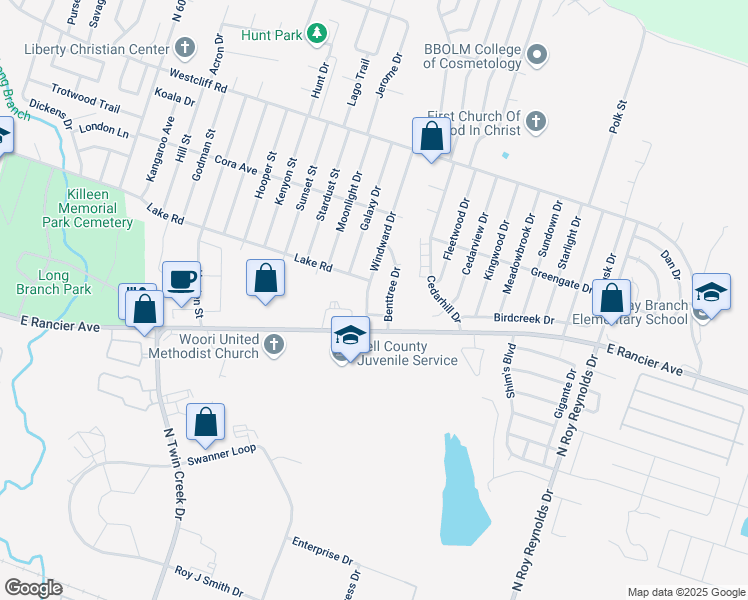 map of restaurants, bars, coffee shops, grocery stores, and more near 4818 Lake Road in Killeen