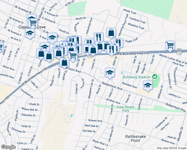 map of restaurants, bars, coffee shops, grocery stores, and more near 306 Laura Street in Copperas Cove