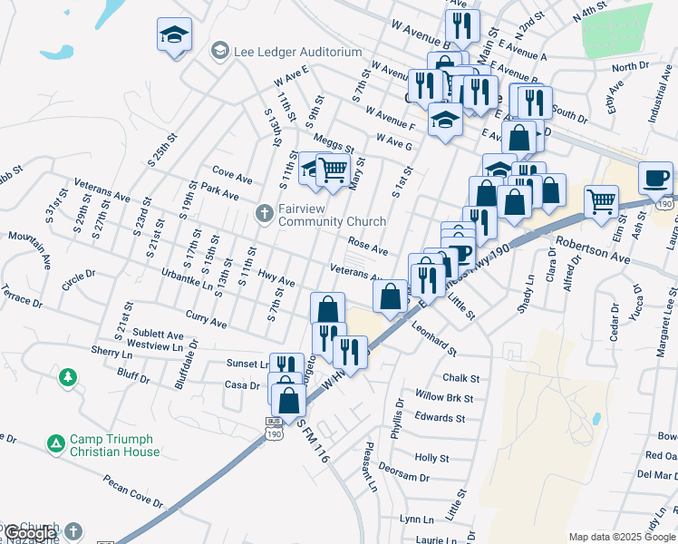 map of restaurants, bars, coffee shops, grocery stores, and more near 705 Veterans Avenue in Copperas Cove