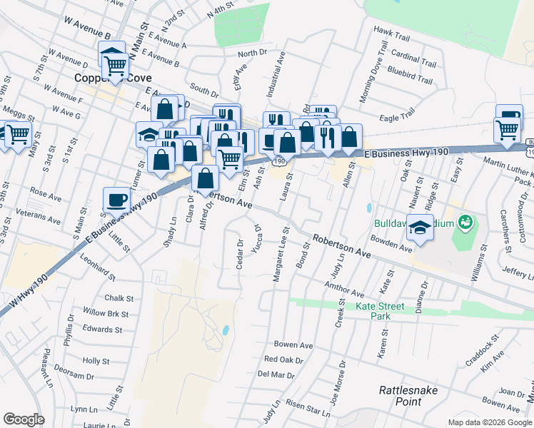 map of restaurants, bars, coffee shops, grocery stores, and more near 319 Ash Street in Copperas Cove