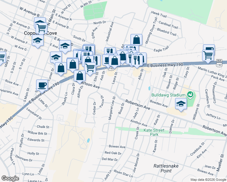 map of restaurants, bars, coffee shops, grocery stores, and more near 403 Robertson Avenue in Copperas Cove