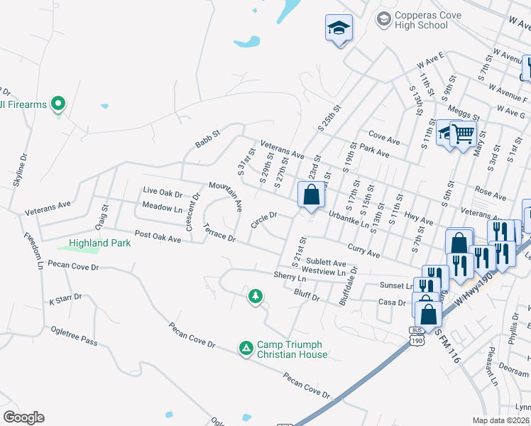 map of restaurants, bars, coffee shops, grocery stores, and more near 2107 Urbantke Lane in Copperas Cove
